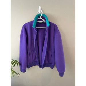 Vintage 80s Purple Fleece Zip Jacket with Seafoam Green Collar, Women's Medium